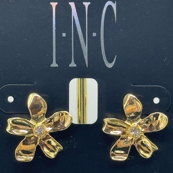 INC Gold Tone Flower with Crystal Post Earrings - Picture 11 of 12
